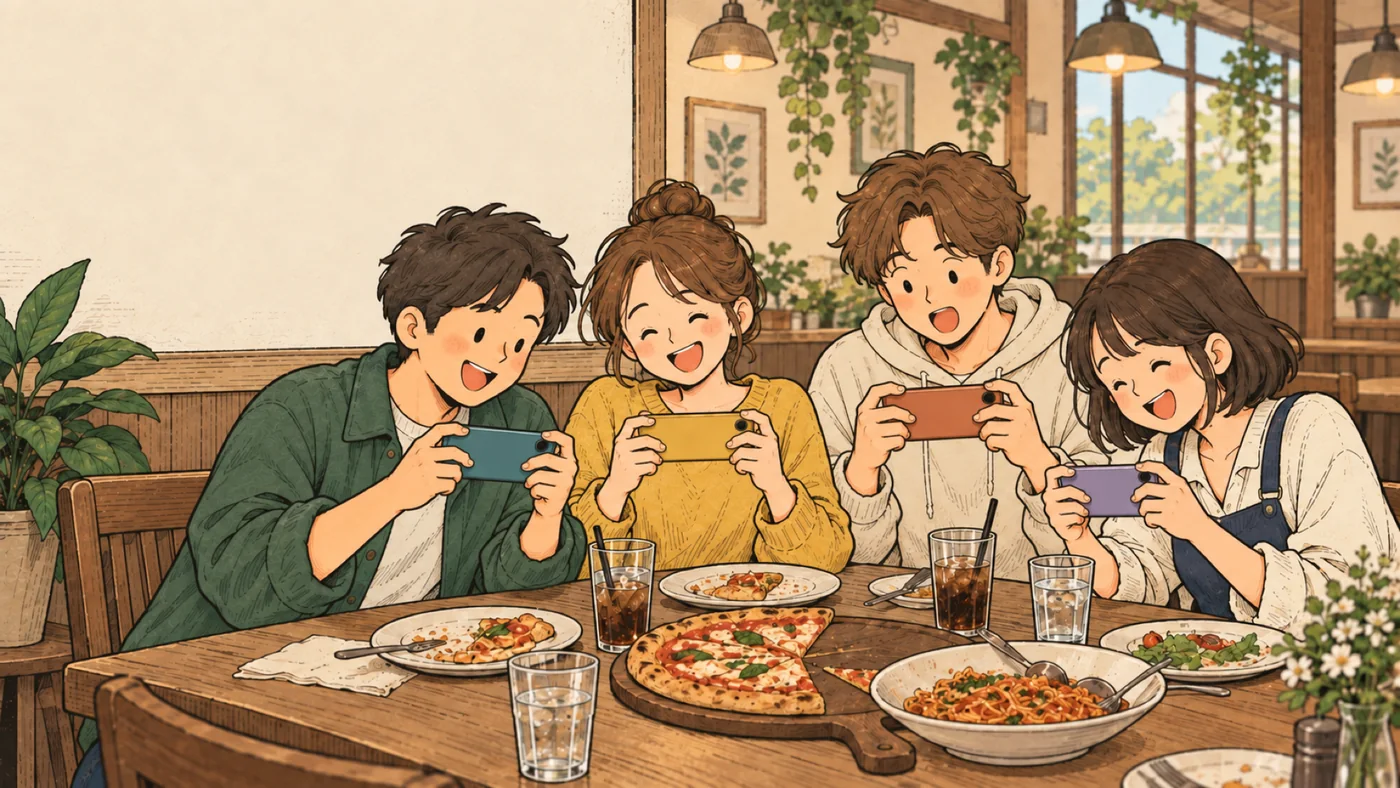 Cuatro amigos jugando alrededor de una mesa de restaurante