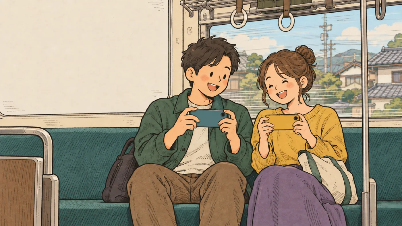 Dos amigos jugando en sus móviles en un tren